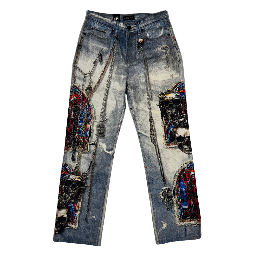 SKULL CHAIN PRINTED JEANS
